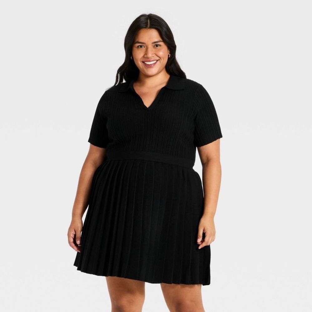 Women's Plus Short Sleeve Pleated Mini Sweater Dress - Ava & Viv Black 2X